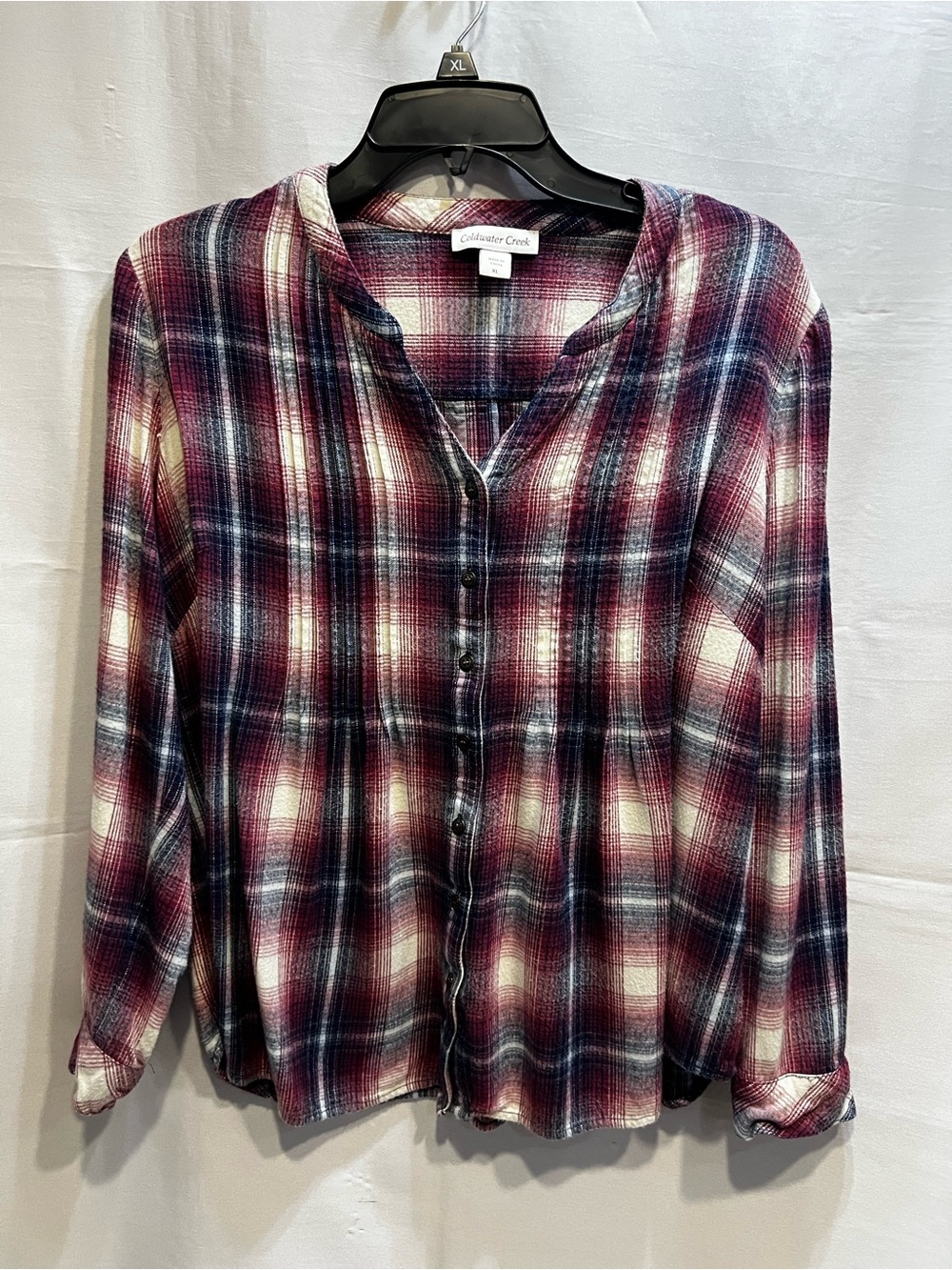 Coldwater Creek Burgundy and Navy Plaid Flannel Button Front Shirt Size XL